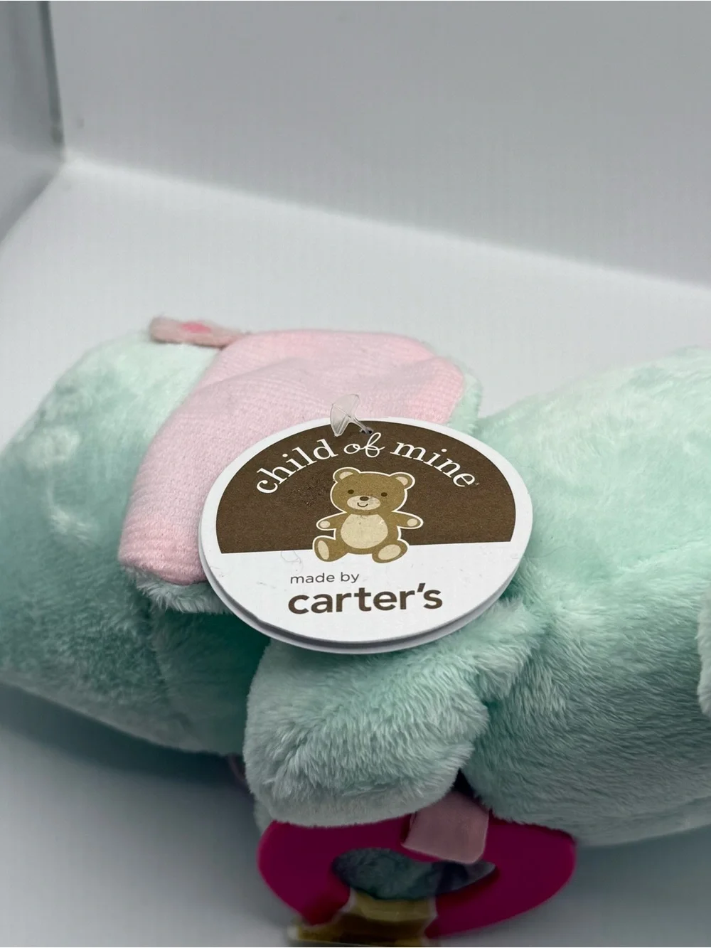 Child of Mine By Carters Green and Pink Plush Elephant Crib Toy Stuffed Animal